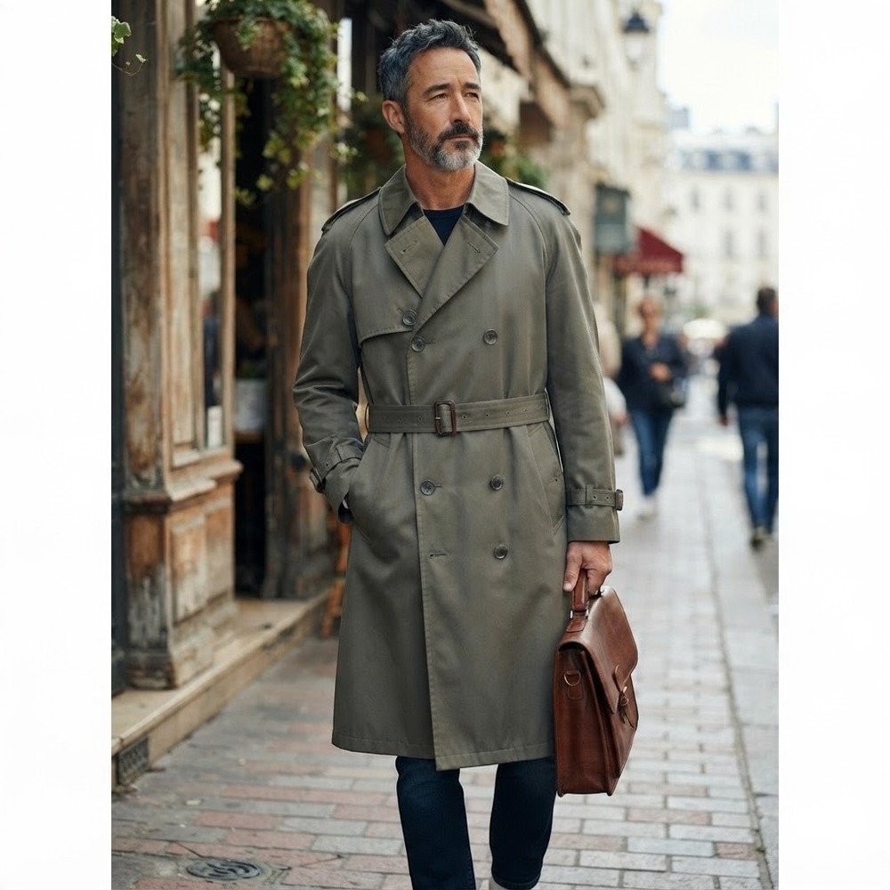Perusal Mens Double Breasted Trench Coat Olive Khaki Belted Overcoat 42R